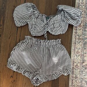 Brown and White Gingham Crop Top and Shorts Set
